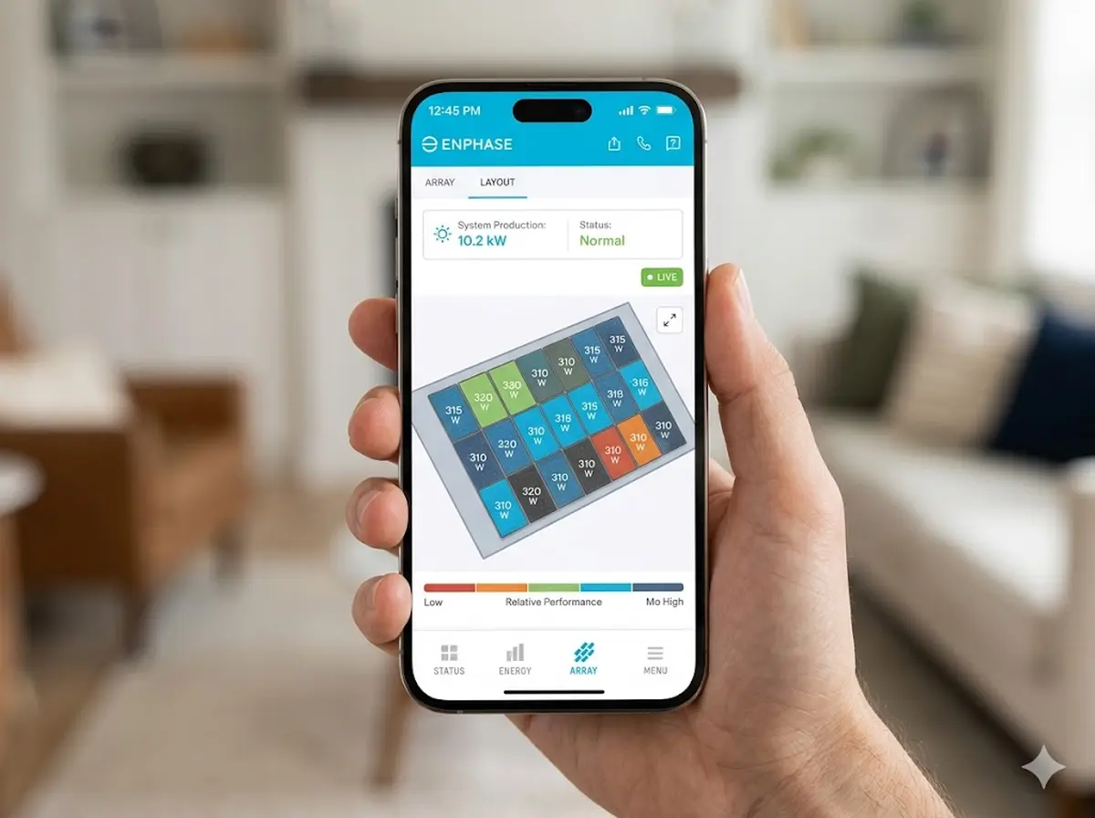 Vergleich der Monitoring-Apps: Enphase Enlighten Dashboard mit Echtzeit-Modulertrag auf dem Smartphone-Display