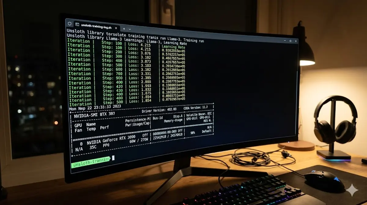 Terminal window showing Unsloth training output with descending loss curve over training steps and GPU memory utilization stats