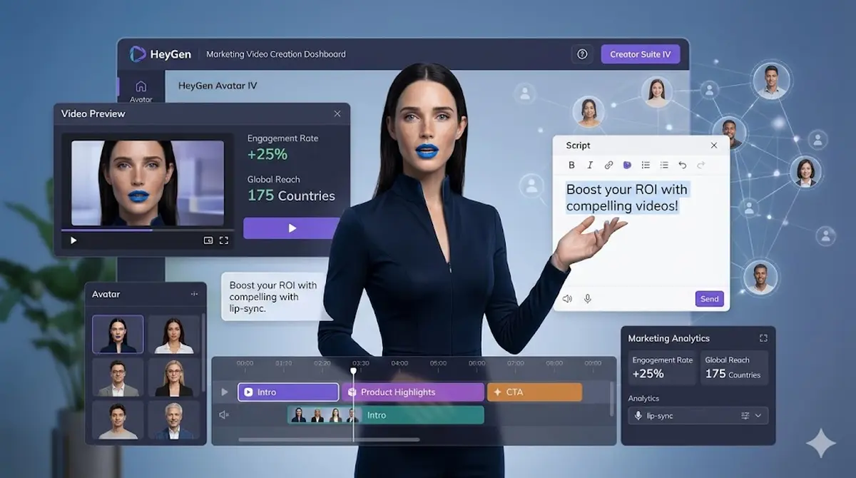 HeyGen Avatar IV digital presenter delivering a script on a marketing video creation dashboard