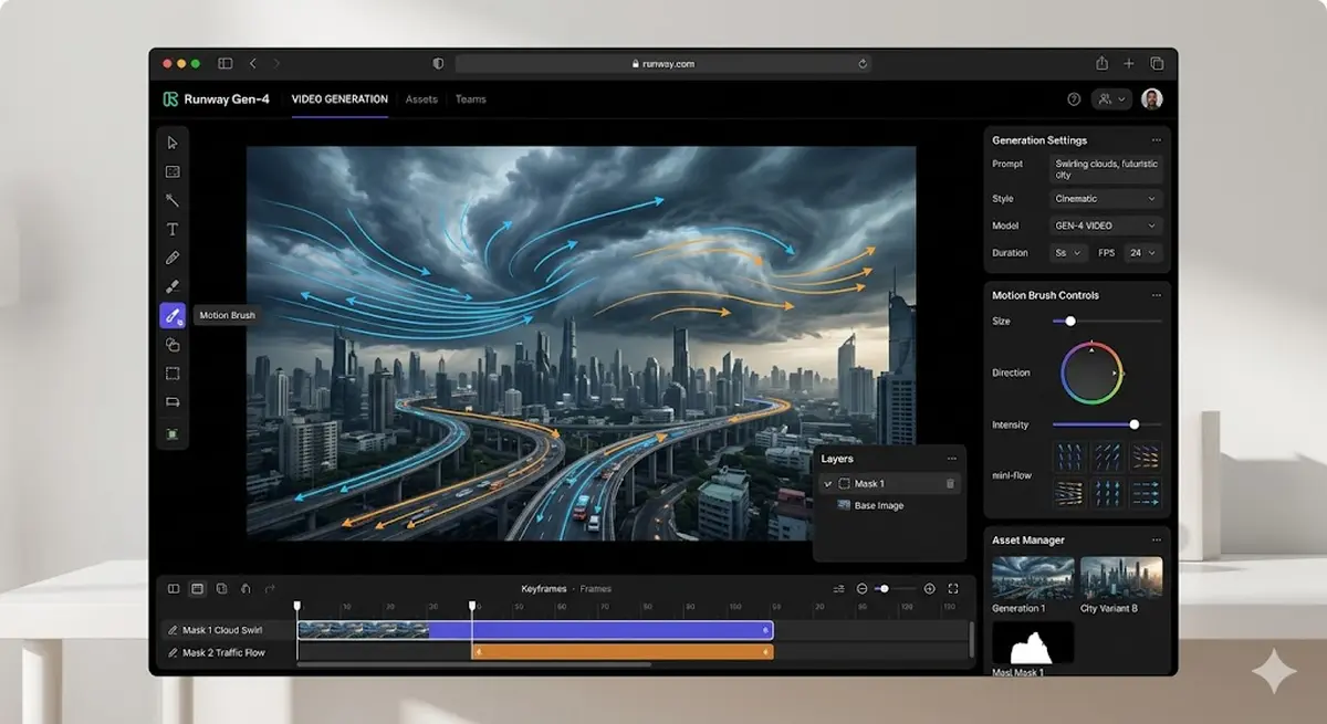 Runway Gen-4 web interface showing Motion Brush tool applied to an image with multiple control panels visible
