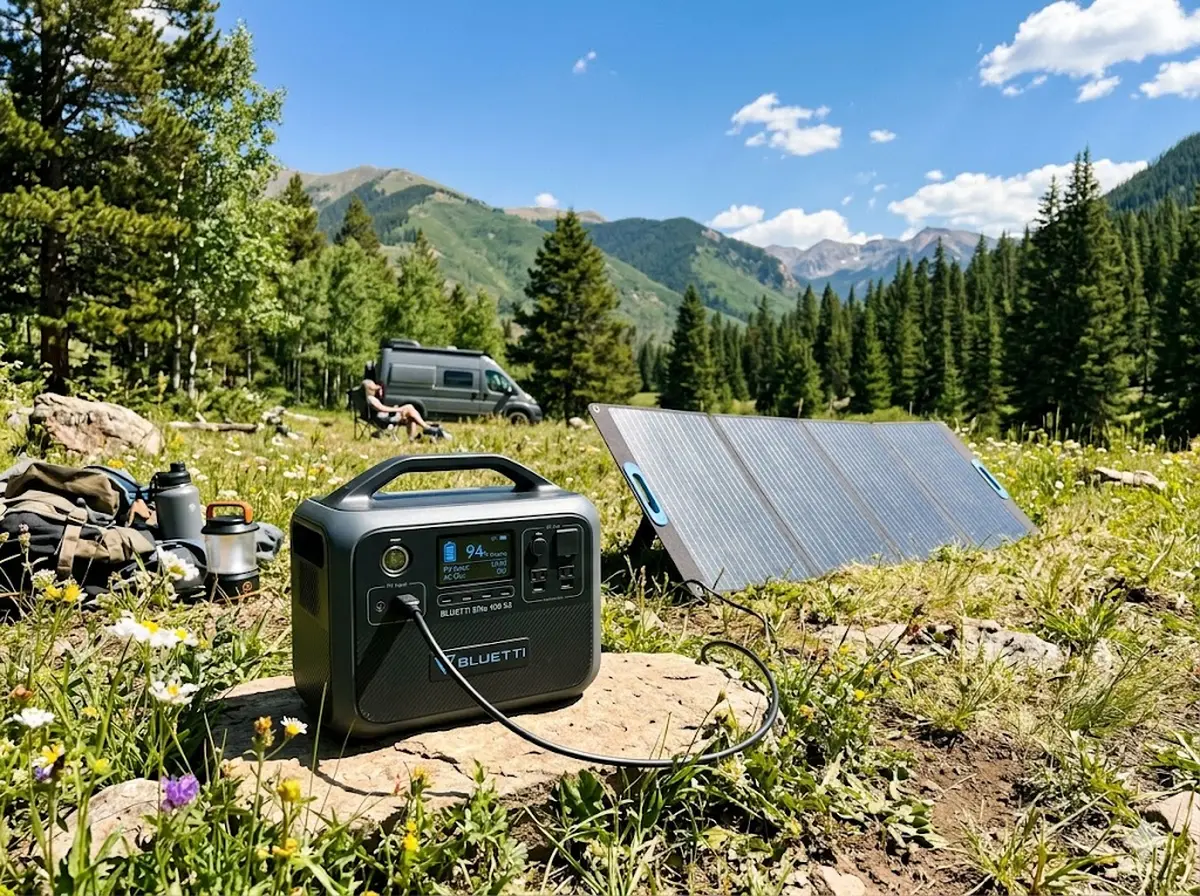 Bluetti Elite 100 V2 Powerstation mit angeschlossenem Solarpanel, Outdoor-Einsatz bei Sonnenschein
