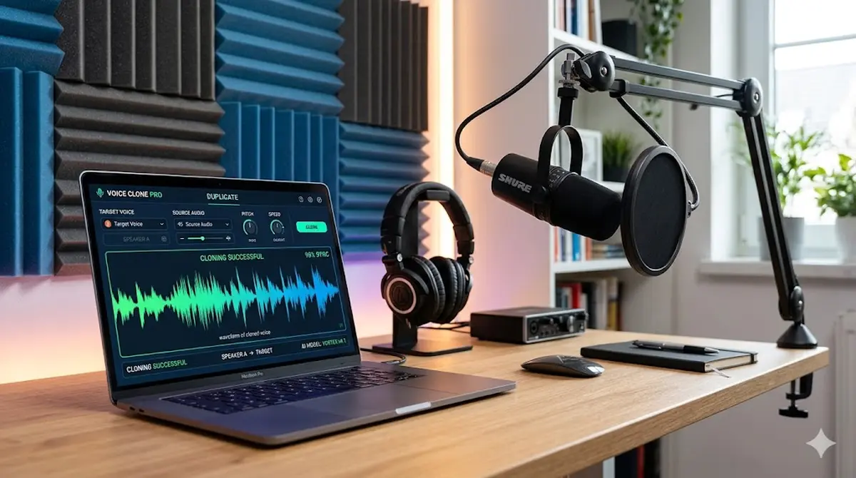 Modern home studio setup with USB microphone, laptop screen showing AI voice cloning software interface and waveform