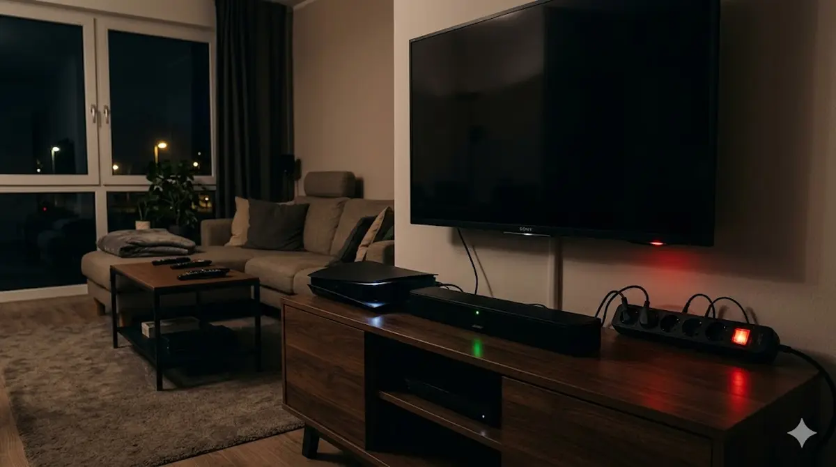 Mehrere Elektroger&auml;te im Wohnzimmer mit leuchtenden Standby-LEDs an Fernseher, Soundbar und Konsole, Steckdosenleiste sichtbar