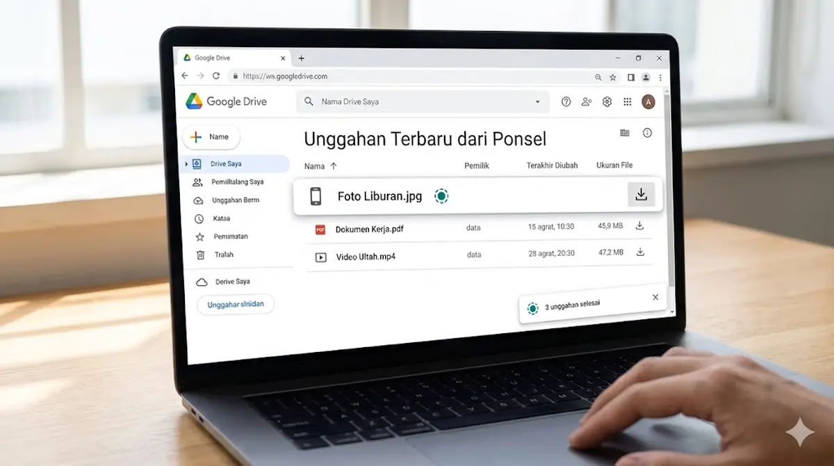 Antarmuka Google Drive di browser laptop dengan tombol download dan daftar file yang baru di-upload dari HP