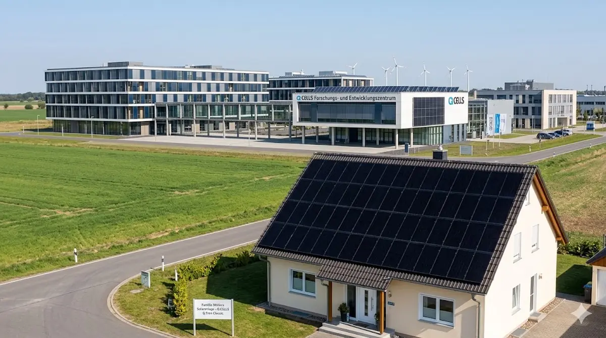 Q CELLS Q.Tron Classic Solarmodul auf einem deutschen Einfamilienhaus, mit Forschungs- und Entwicklungszentrum im Hintergrund