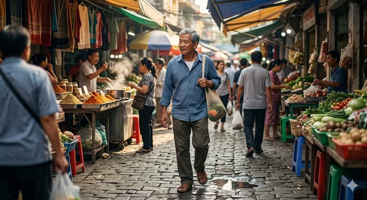 Kling AI generation of a realistic human walking through a market scene, demonstrating natural facial expressions and motion