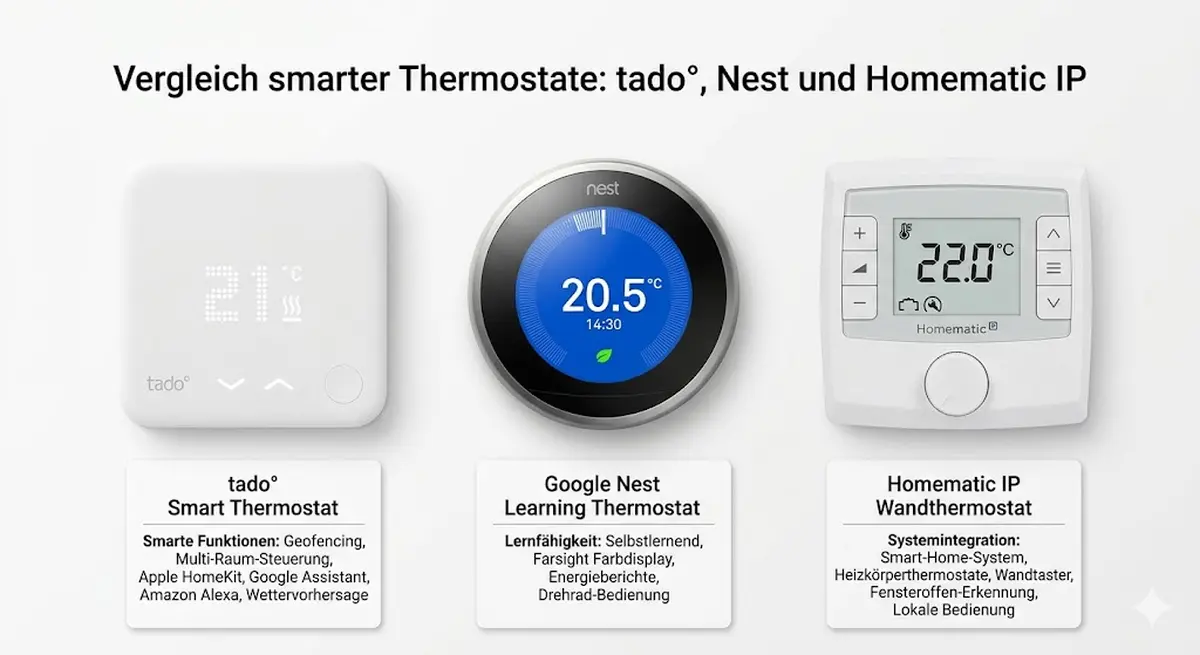 Verschiedene smarte Thermostate im Vergleich: tado&deg;, Nest und Homematic IP nebeneinander auf wei&szlig;em Hintergrund