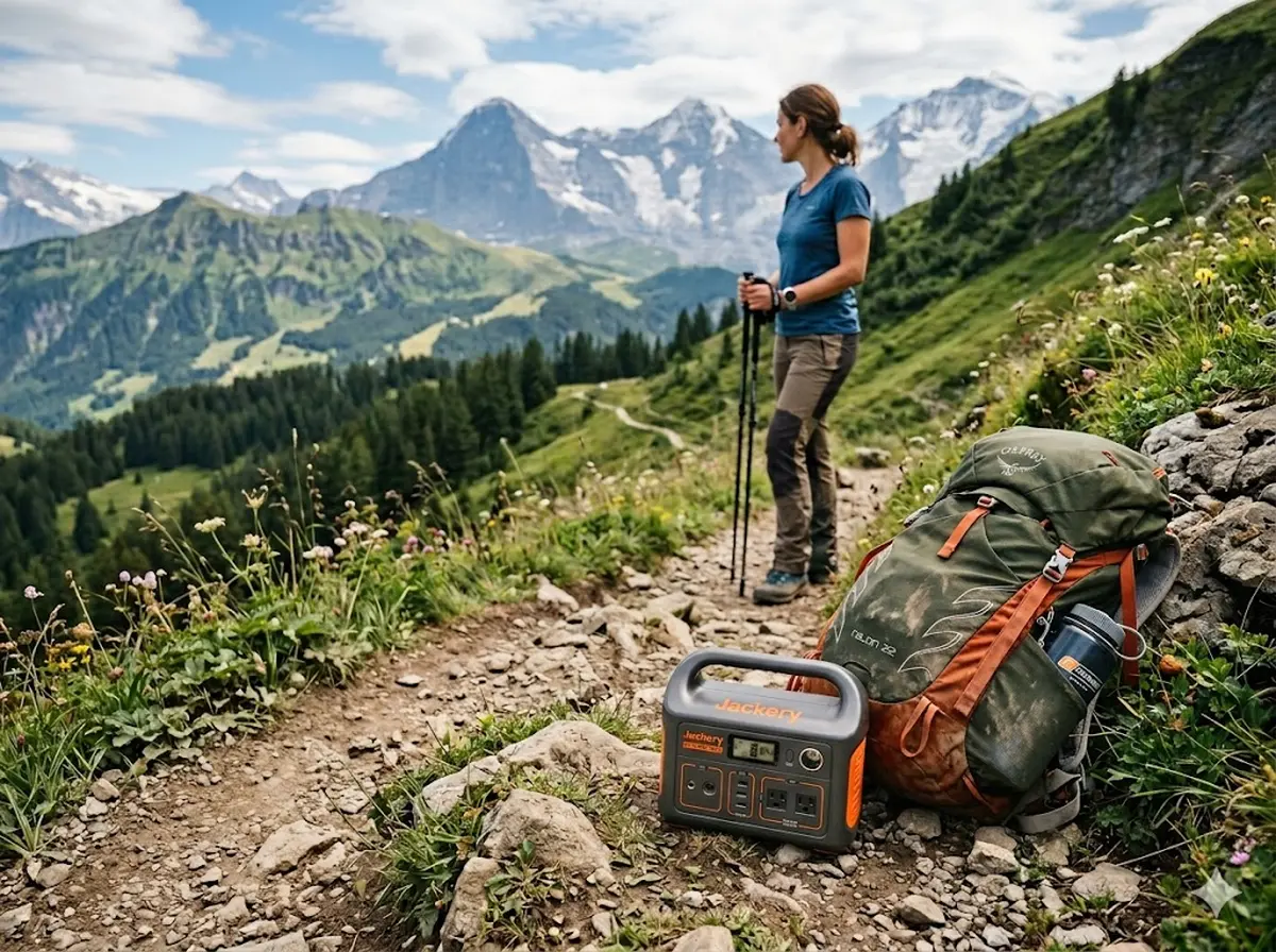 Jackery Explorer 300D ultraleichte Powerstation neben Rucksack auf Wanderung, kompakte Gr&ouml;&szlig;e erkennbar