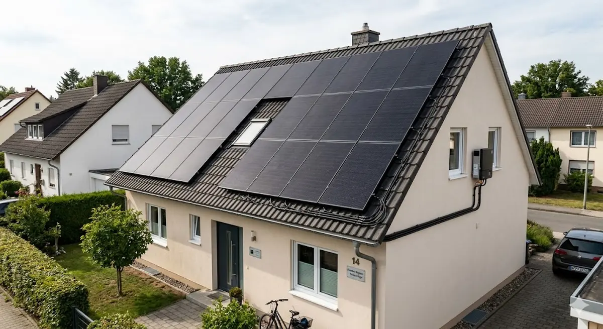 Photovoltaikanlage auf einem deutschen Einfamilienhaus mit moderner Full-Black-Modulbauweise und sichtbarer Verkabelung