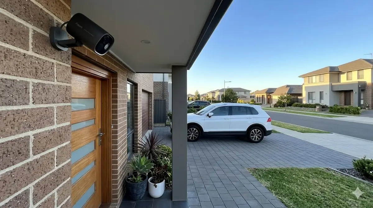 Aqara G5 Pro Kamera Hub au&szlig;en am Hauseingang montiert mit Blick auf die Einfahrt