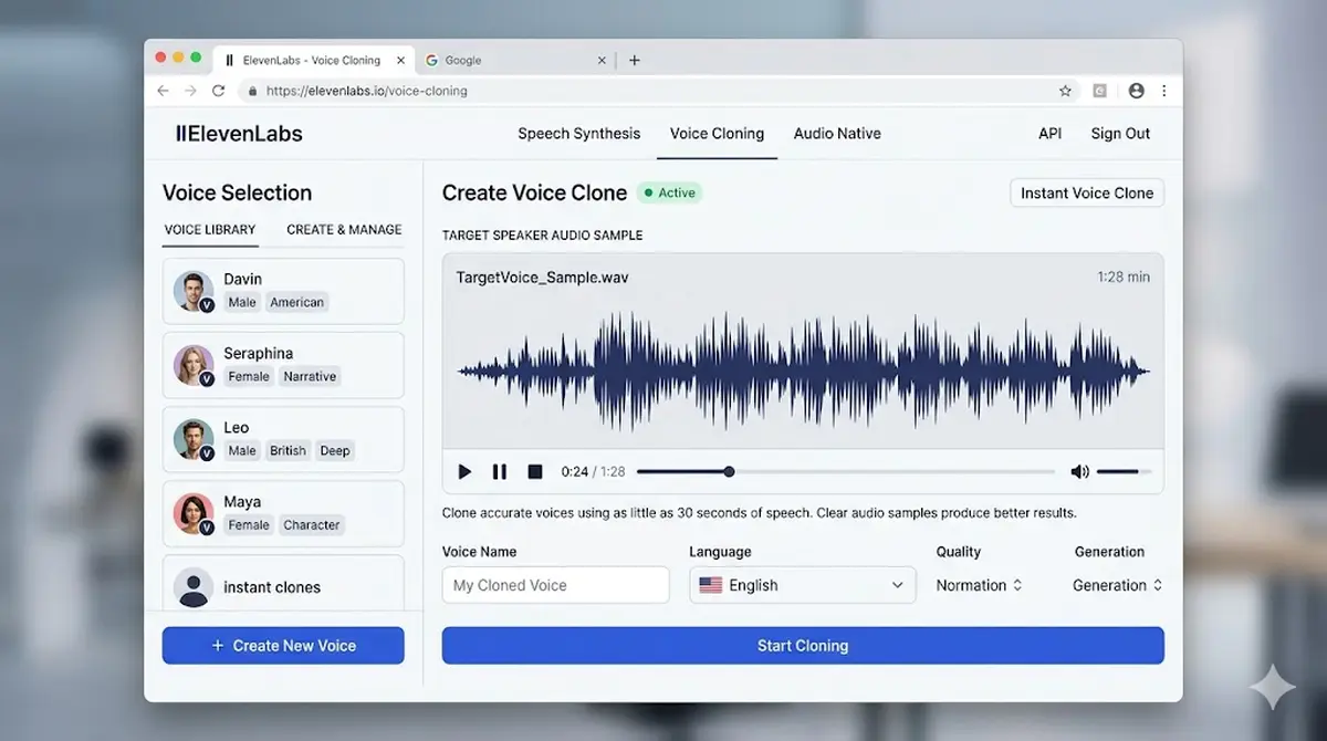 ElevenLabs voice cloning interface in a web browser with audio waveform and voice selection panel
