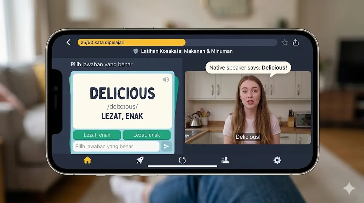 Tampilan aplikasi Memrise dengan flashcard kosakata bahasa Inggris dan video singkat dari native speaker