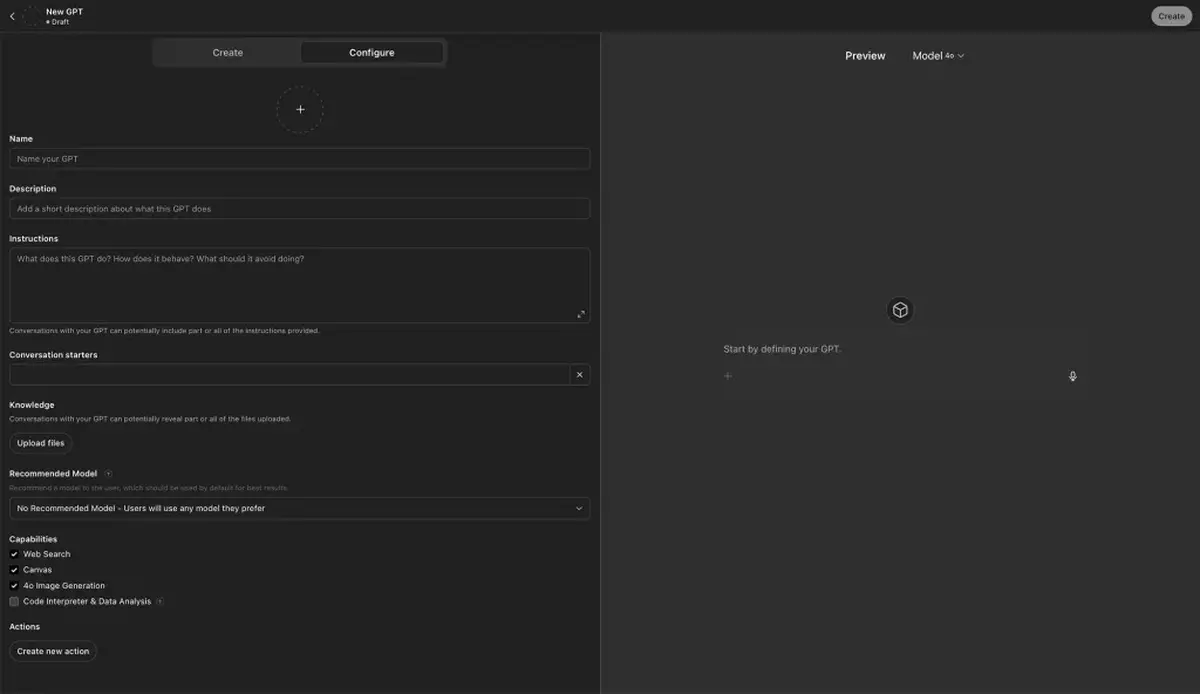 The preview panel showing a test conversation with a custom GPT, demonstrating accurate responses from uploaded knowledge files.