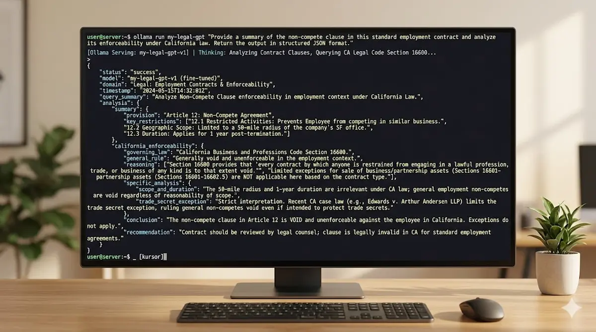 Terminal showing Ollama serving a fine-tuned LLM with a domain-specific query and structured JSON response