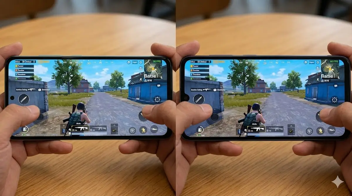 Layar smartphone menampilkan game mobile PUBG Mobile dengan setting grafis medium, terlihat framerate counter di sudut atas