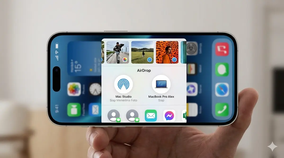 Tampilan menu AirDrop di iPhone dengan ikon Mac terdeteksi siap menerima foto