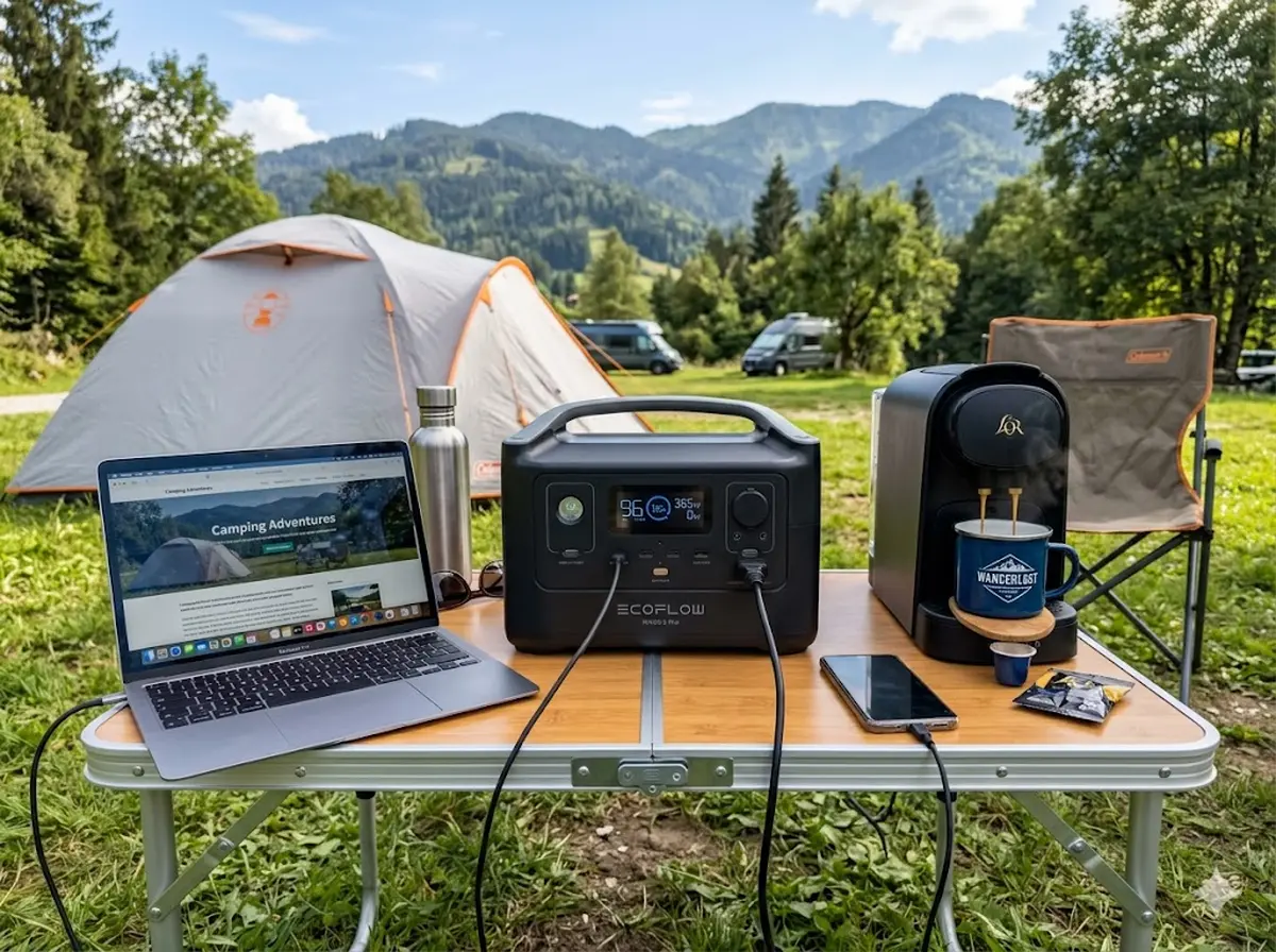 EcoFlow River 2 Pro kompakte Powerstation auf Campingtisch mit Laptop und Kaffeemaschine angeschlossen