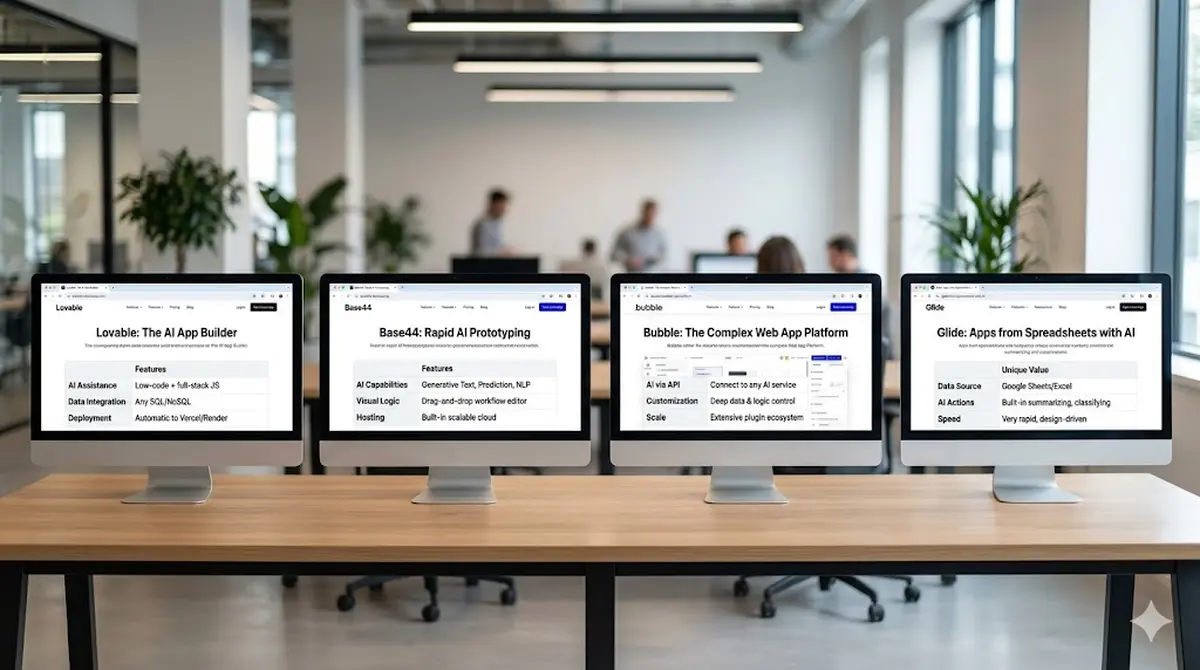 Comparison of no-code AI app builders including Lovable, Base44, Bubble, and Glide shown on desktop browser screens