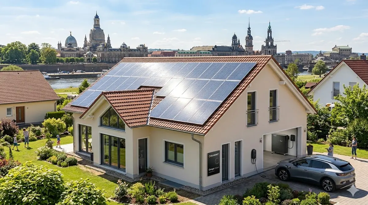 Solarwatt Komplettsystem mit Glas-Glas-Modulen, Stromspeicher und Wallbox an einem Einfamilienhaus in Dresden