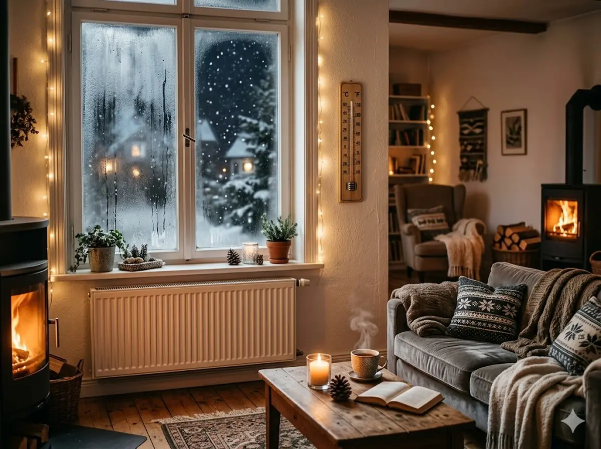 Wohnzimmer im Winter mit Heizk&ouml;rper, Thermometer an der Wand und beschlagenen Fenstern als Stimmungsbild