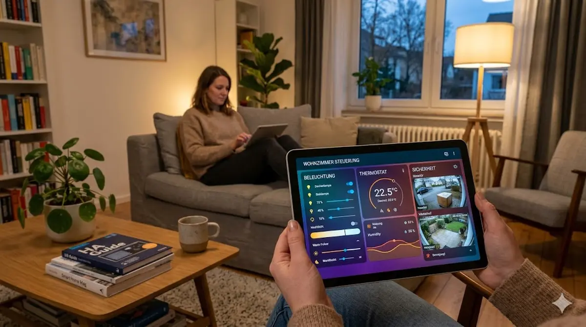 Home Assistant Lovelace Dashboard auf Tablet mit Smart-Home-Steuerung f&uuml;r Beleuchtung, Thermostat und Sicherheitskameras in einer Wohnzimmerszene