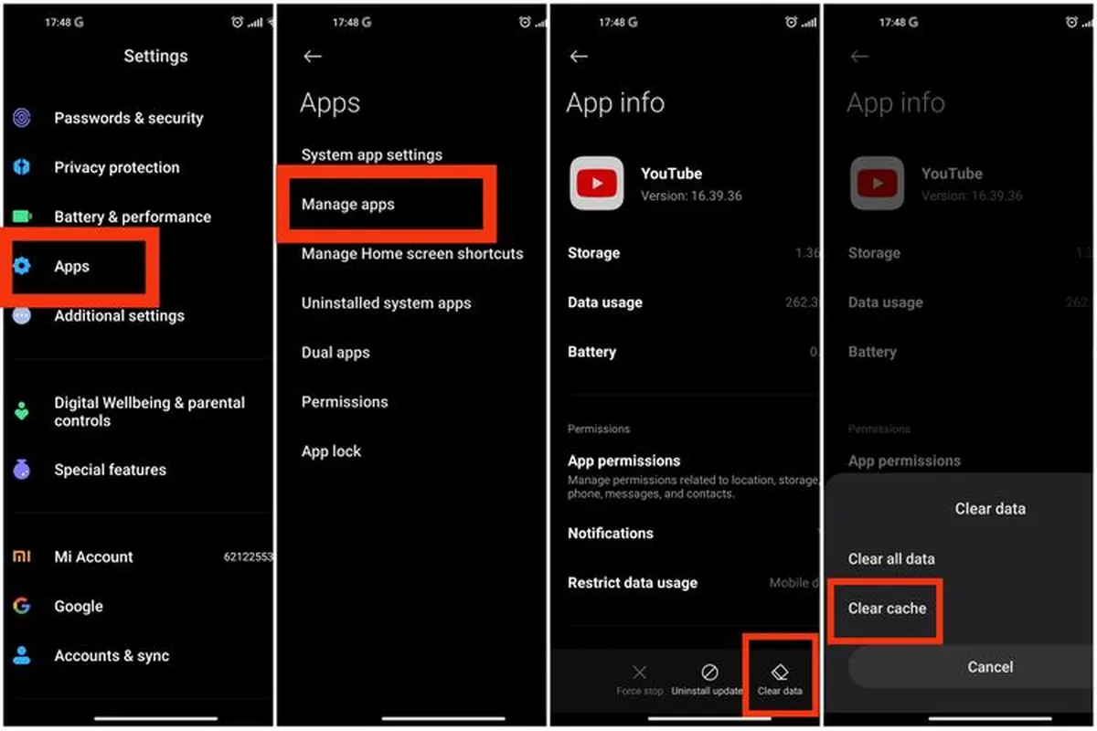Screenshot langkah menghapus cache aplikasi di pengaturan Android