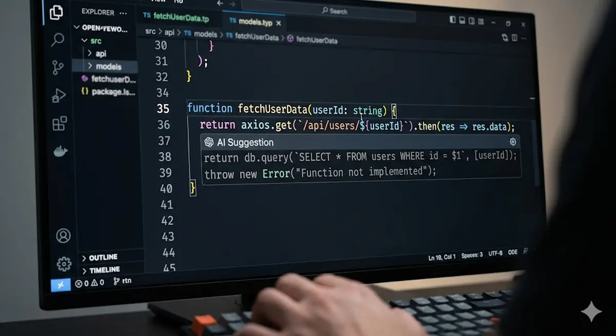 Close-up of VS Code-like editor with AI autocomplete suggestion appearing in ghost text as developer types a function