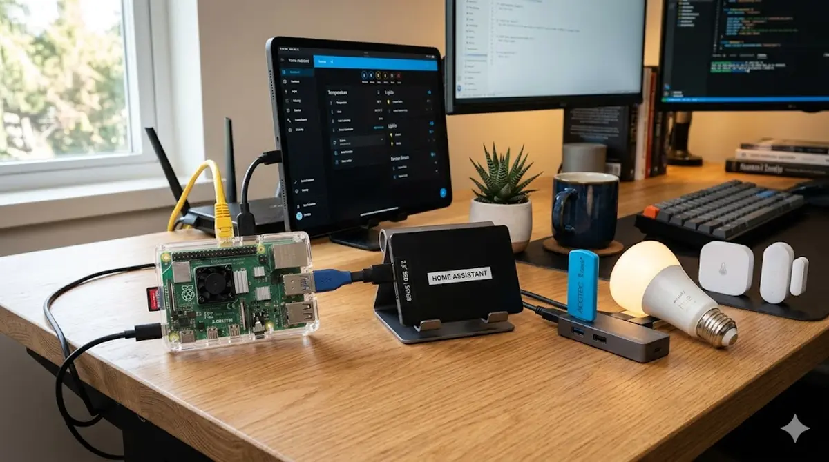 Raspberry Pi 4 mit angeschlossenem SSD-Laufwerk als Home Assistant Server auf einem Schreibtisch, Smart-Home-Hardware Setup