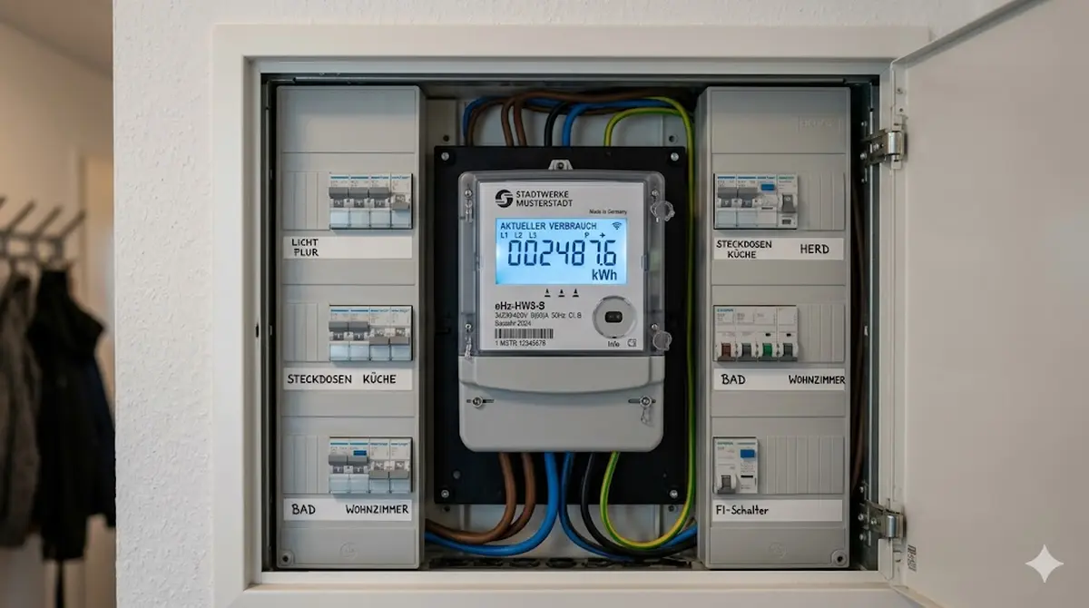 Stromz&auml;hler in einem deutschen Haushaltsschrank mit digitaler Anzeige des aktuellen Verbrauchs in Kilowattstunden