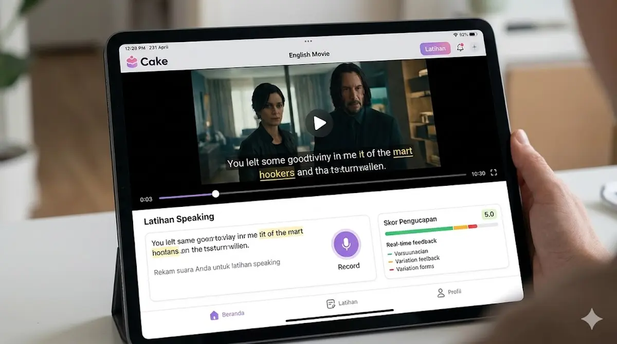 Tampilan aplikasi Cake menampilkan klip video pendek dari film dengan subtitle bahasa Inggris untuk latihan speaking