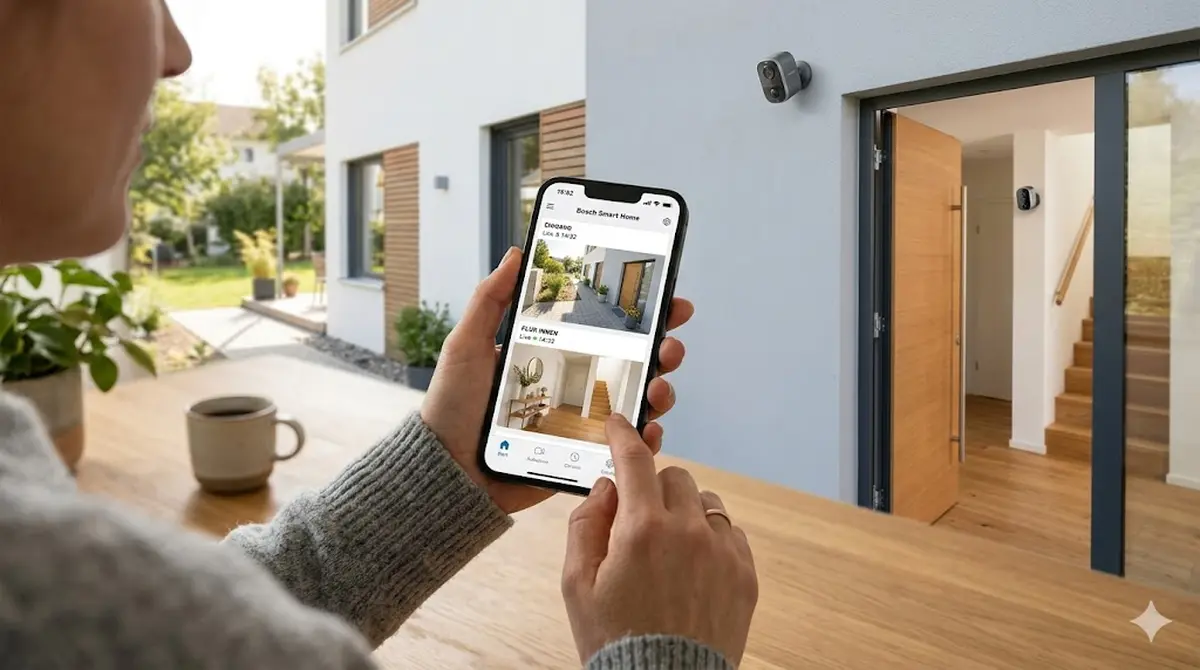 Smart Home Setup mit zwei &Uuml;berwachungskameras am Hauseingang und an der Innenwand, Smartphone mit Kamera-App im Vordergrund
