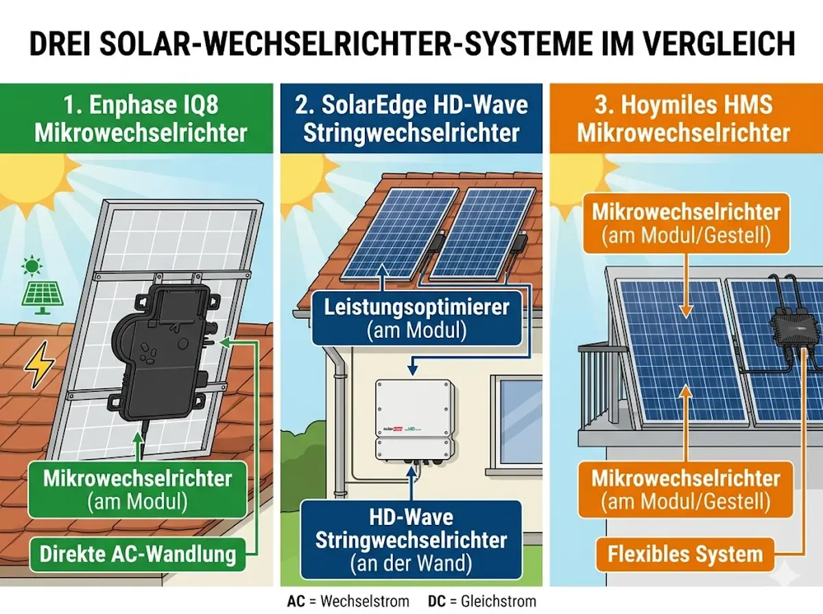 Drei Wechselrichter-Systeme nebeneinander: Enphase IQ8 Mikrowechselrichter, SolarEdge HD-Wave Stringwechselrichter mit Optimizer, Hoymiles HMS Mikrowechselrichter auf Solarmodulen