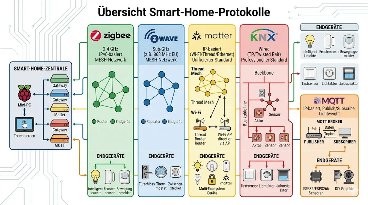 Schematische &Uuml;bersicht Smart-Home-Protokolle: Zigbee, Z-Wave, Matter, KNX, MQTT mit Verbindungslinien zu Zentrale und Endger&auml;ten