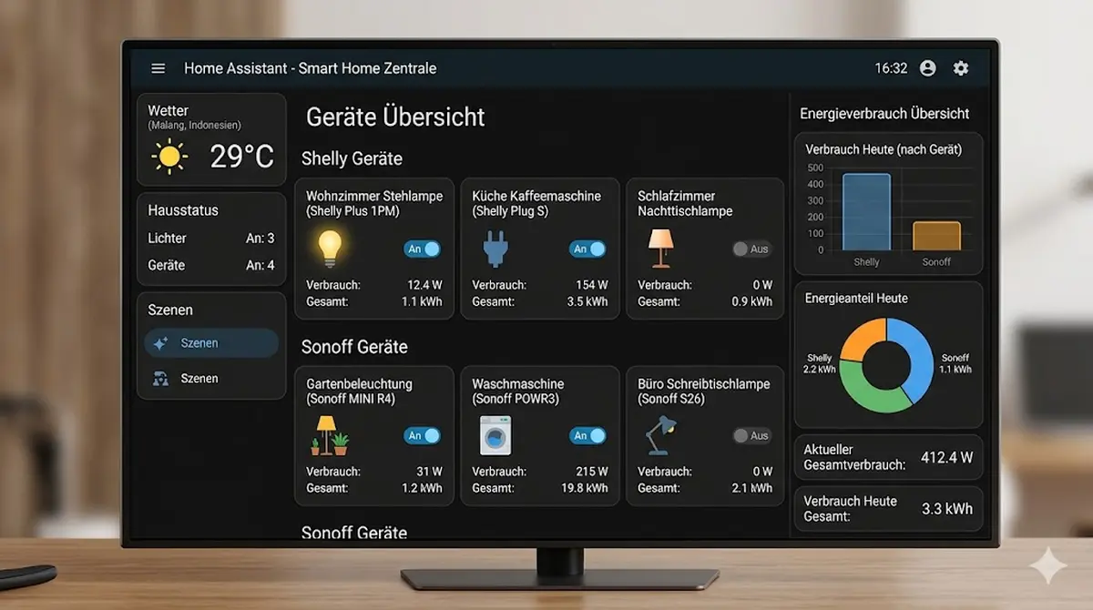 Home Assistant Dashboard mit Shelly und Sonoff Ger&auml;ten als Entit&auml;ten, Schaltzust&auml;nde und Energieverbrauch sichtbar