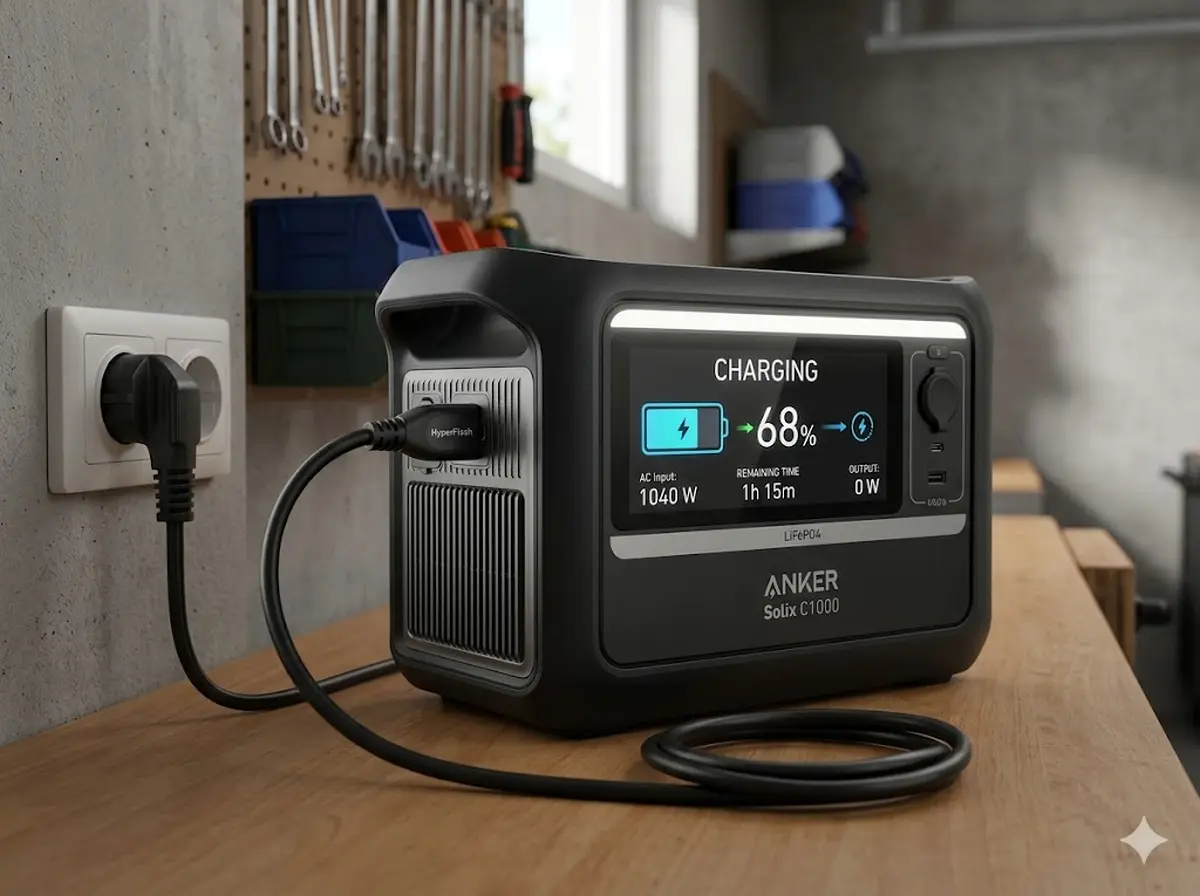 Anker Solix C1000 Powerstation mit HyperFlash-Ladekabel an der Steckdose, Ladefortschrittsanzeige