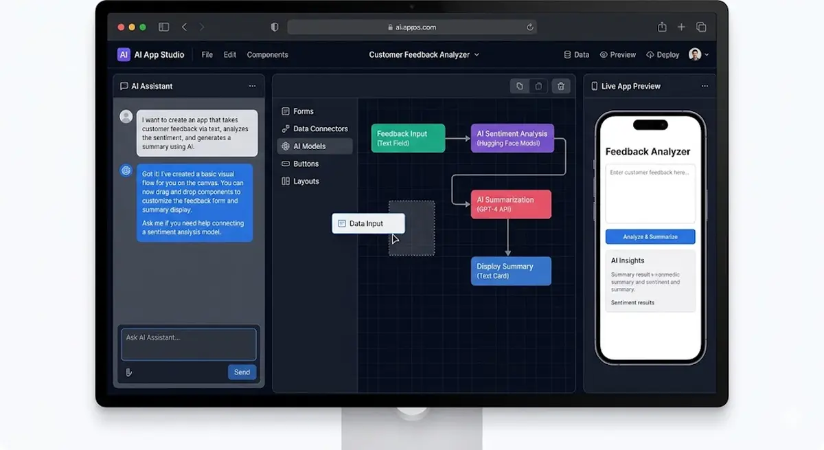 A no-code AI app builder interface showing a visual drag-and-drop editor with an AI chat prompt on the left and app preview on the right