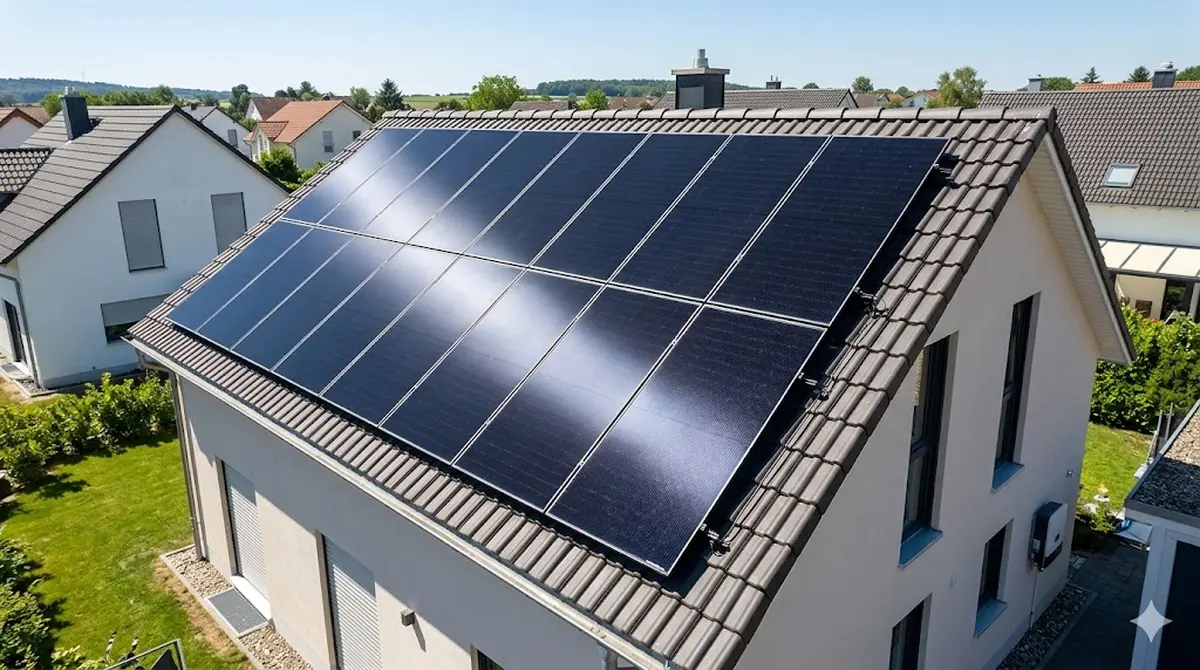 LONGi Hi-MO X10 Solarmodul mit Full-Black-Optik und HPBC-R&uuml;ckkontakt-Technologie auf einem Hausdach