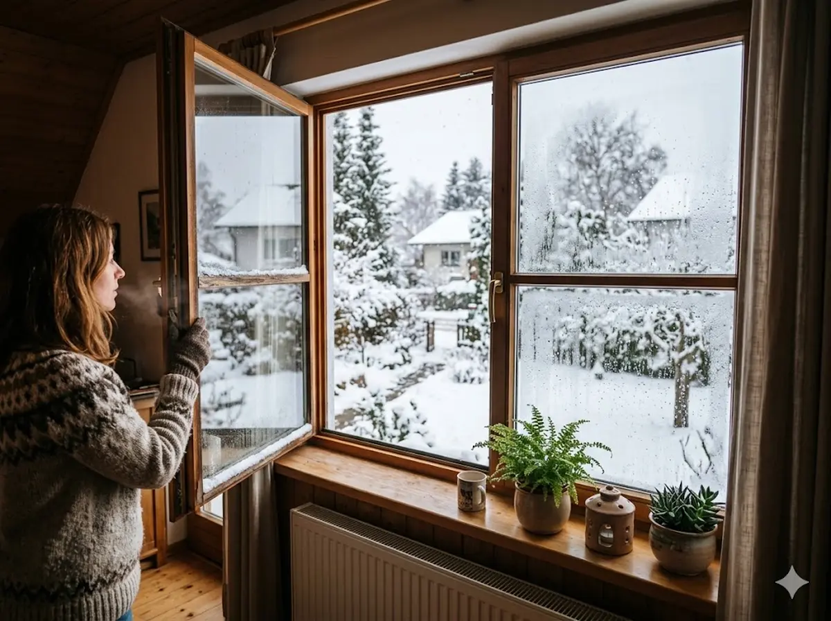 Offenes Fenster im Winter mit Kondenswassertropfen auf der Scheibe, drau&szlig;en Schnee, Sto&szlig;l&uuml;ften Demonstration