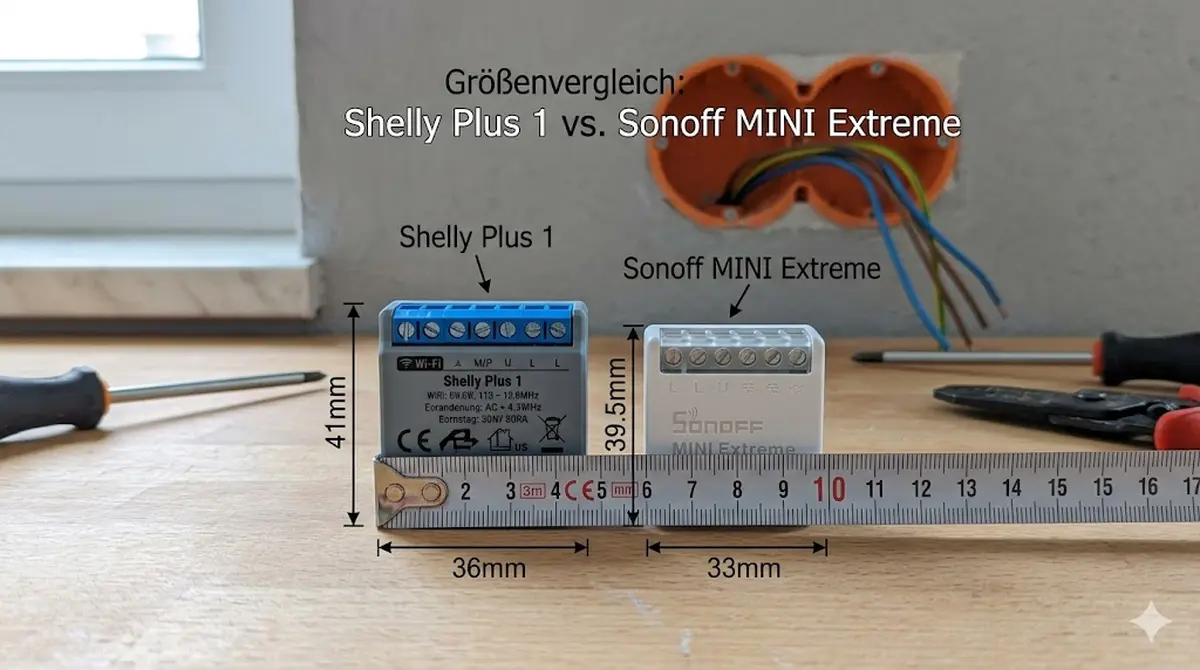 Gr&ouml;&szlig;envergleich Shelly Plus 1 und Sonoff MINI Extreme nebeneinander mit Ma&szlig;band, Unterputzdose im Hintergrund