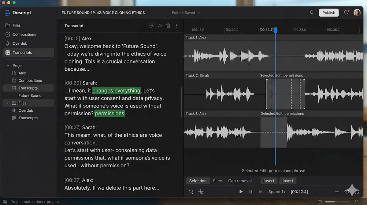 Descript audio editor screenshot showing transcript-based editing with text alongside audio waveform
