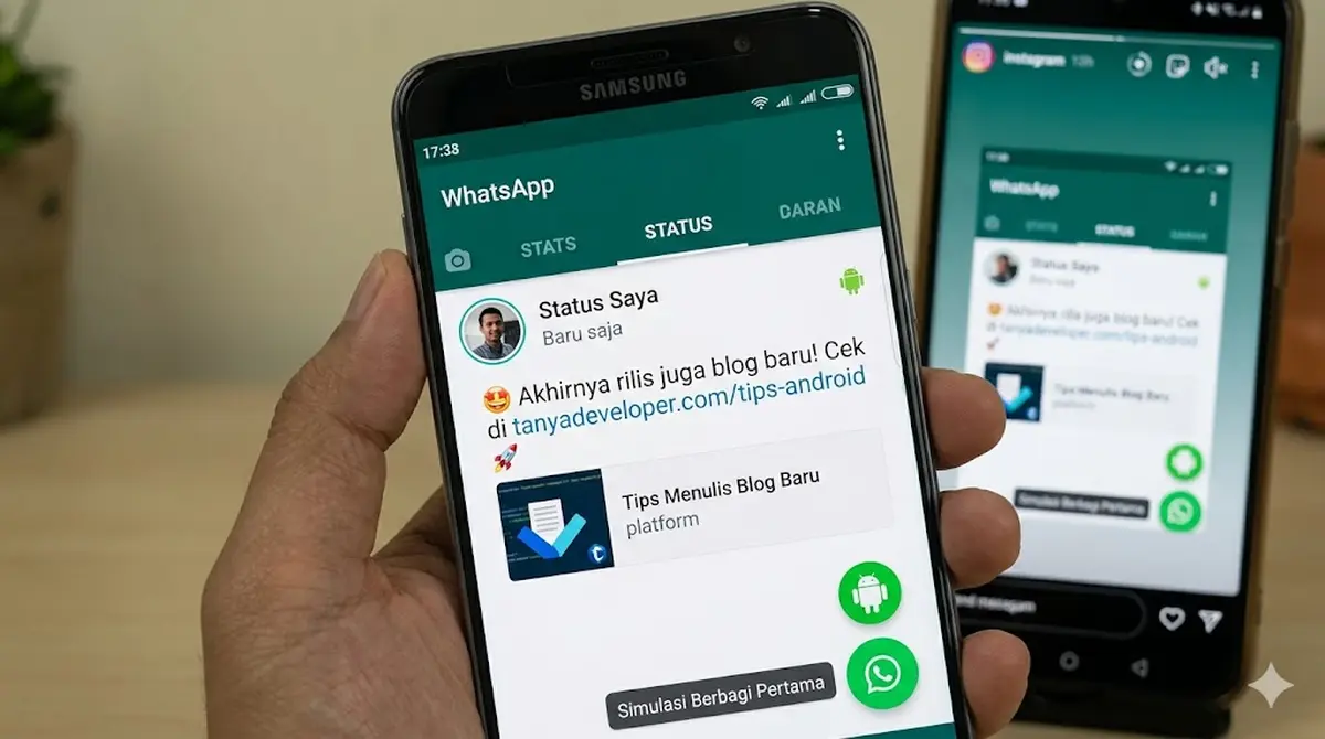 Tampilan WhatsApp Status di HP Android dengan link blog baru yang sedang dibagikan, ada juga tab Instagram Story di belakangnya, simulasi sharing pertama