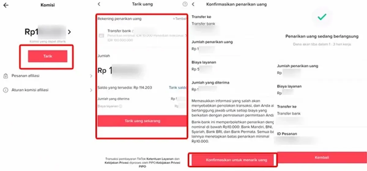 Tampilan menu pencairan komisi di TikTok Shop